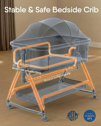 Bedside Bassinet for Baby, Sturdy 3 in 1 Bedside Sleeper with Mattress & Wheels, Height Adjustable, Breathable Mesh, Storage Basket, Easy to Assemble for Newborn, Grey