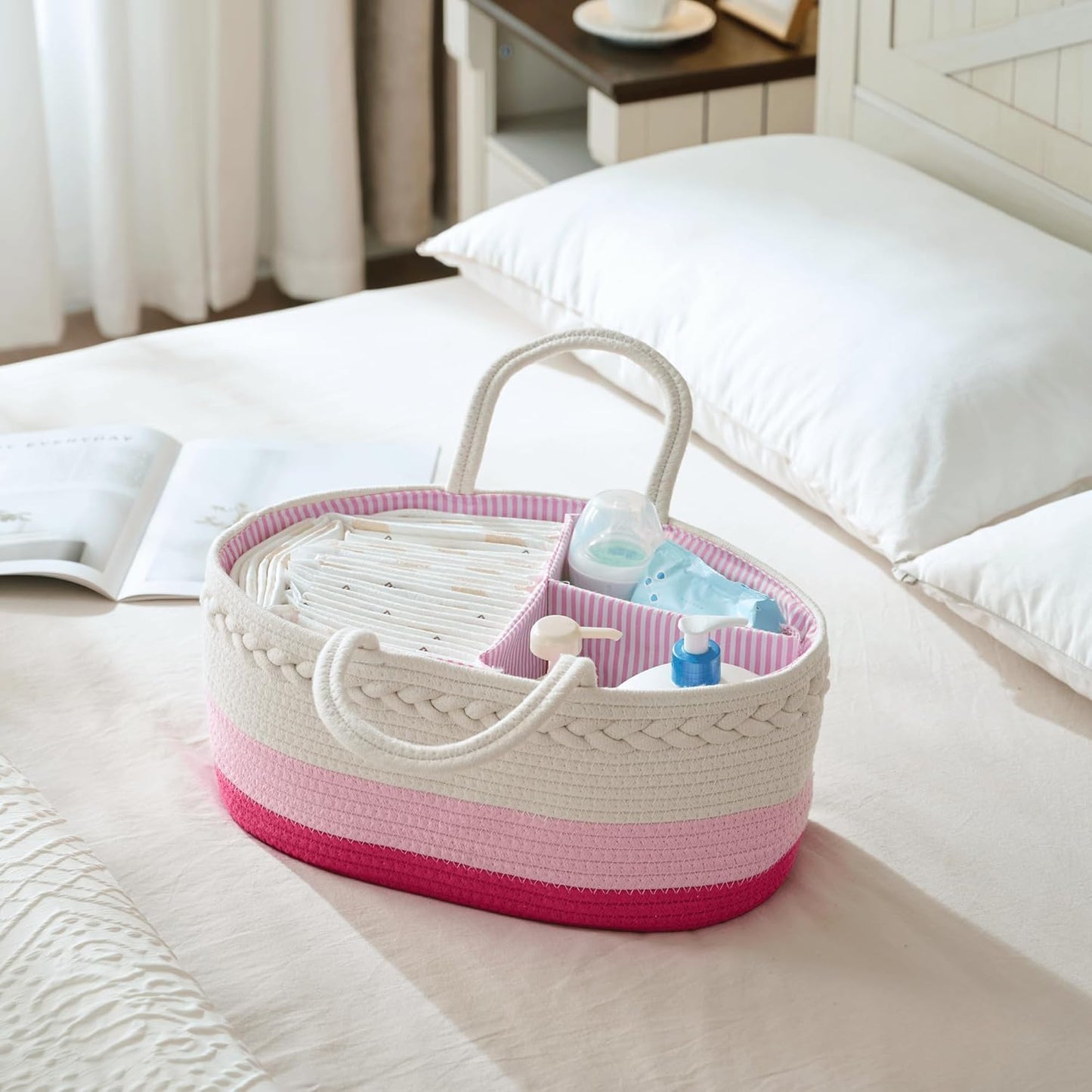 luxury little Diaper Caddy Organizer, Large Cotton Rope Nursery Baby Basket, Changing Table Organizer for Baby Diaper Storage, Portable Car Organizer Removable Divider (Off White, Large)