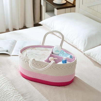 luxury little Diaper Caddy Organizer, Large Cotton Rope Nursery Baby Basket, Changing Table Organizer for Baby Diaper Storage, Portable Car Organizer Removable Divider (Pink, Large)