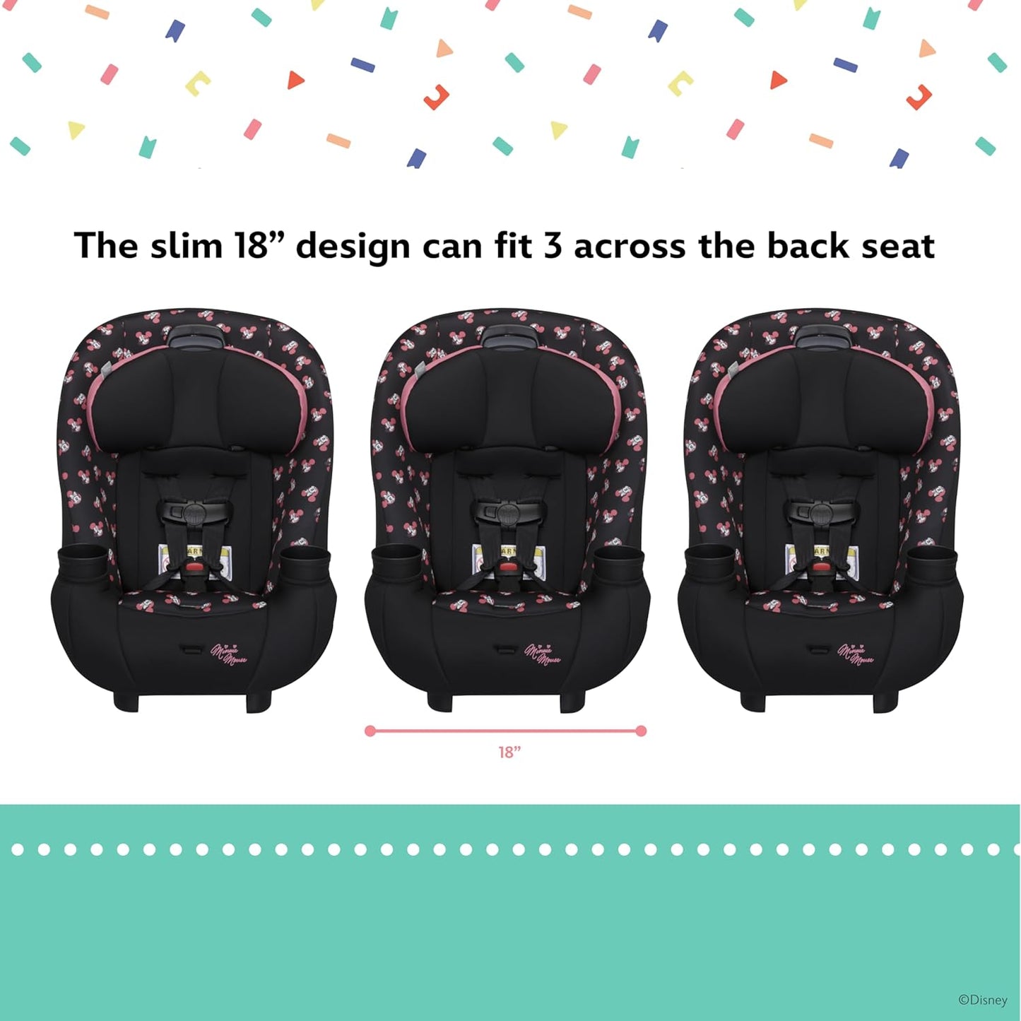 Disney Baby Ellaris 3-in-1 Convertible Car Seat, Slim Fit Design, Rear & Forward-Facing, 5-Position Headrest, 3-Across Fit, Travel-Friendly with Machine-Washable Seat Pad, Minnie Charm