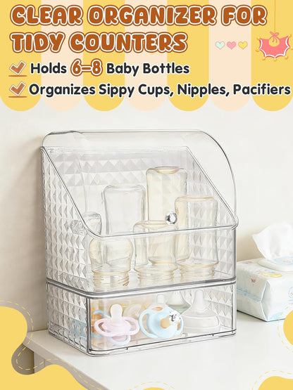 Flip-top Baby Bottle Organizer for 6 to 8 Bottles - Easy to Access, Space-Saving Clear Stackable Storage Drawers Baby Bottle Station for Kitchen Countertop Cabinet Nursery