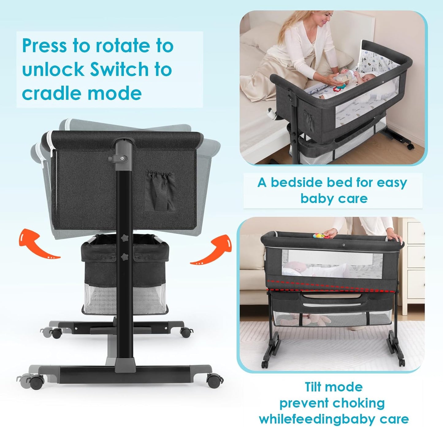 YADAQE Baby Bassinet, Baby Basinet Bedside Sleeper, Easy to Fold Portable Crib Side Bassinet 2025new Style Girl/boy bassinets(Light Grey)