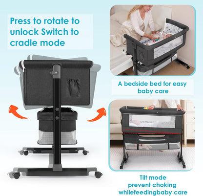 YADAQE Baby Bassinet, Baby Basinet Bedside Sleeper, Easy to Fold Portable Crib Side Bassinet 2025new Style Girl/boy bassinets(Light Grey)