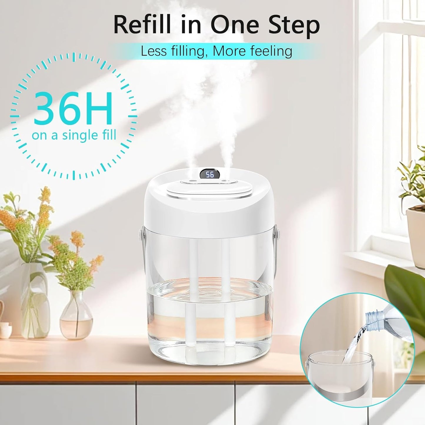 Humidifiers for Bedroom, 25dB Quiet Cool Mist Humidifier for Home, 2L Top Fill Tank for Large Room with 24H Runtime, Carry Handle, NightLight, 12H Auto Shut-off Safety for Nursery/Office/Plants