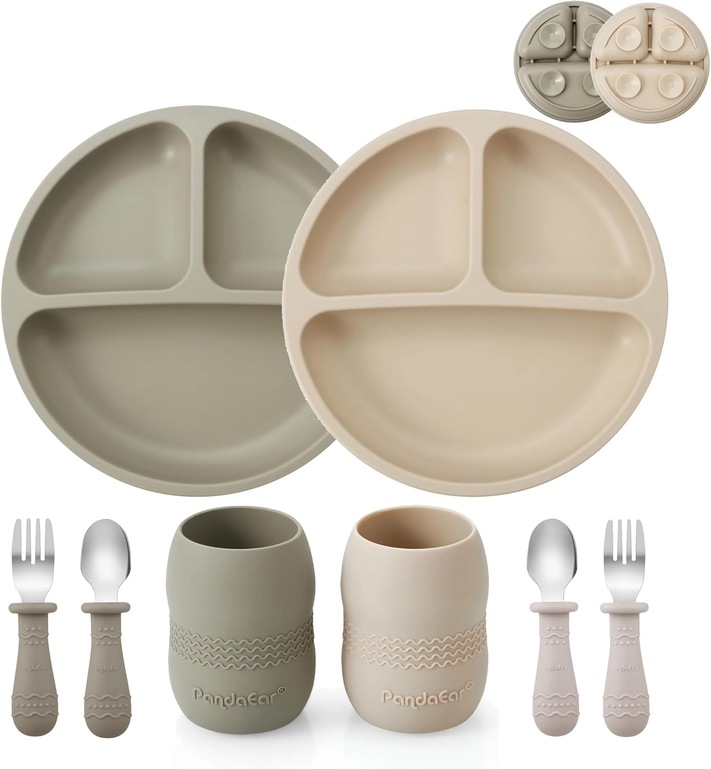 PandaEar Silicone Baby Feeding Set| 2 Pack Silicone Divided Suction Plate and 2 Pack Tiny Cup with 2 Spoons 2 Forks| Baby Led Weaning Supplies Self Feeding Eating Utensils (Light Tan/Walnut)