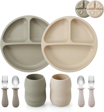 PandaEar Silicone Baby Feeding Set| 2 Pack Silicone Divided Suction Plate and 2 Pack Tiny Cup with 2 Spoons 2 Forks| Baby Led Weaning Supplies Self Feeding Eating Utensils (Light Tan/Walnut)