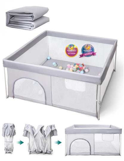 Babelio Foldable Baby Playpen 46" × 46", Portable Playard for Babies and Toddlers, Parents' Picks Awards Winner, No Assembly Required, Indoor & Outdoor Kids Safety Play Pen Area, Travel Fence, Grey