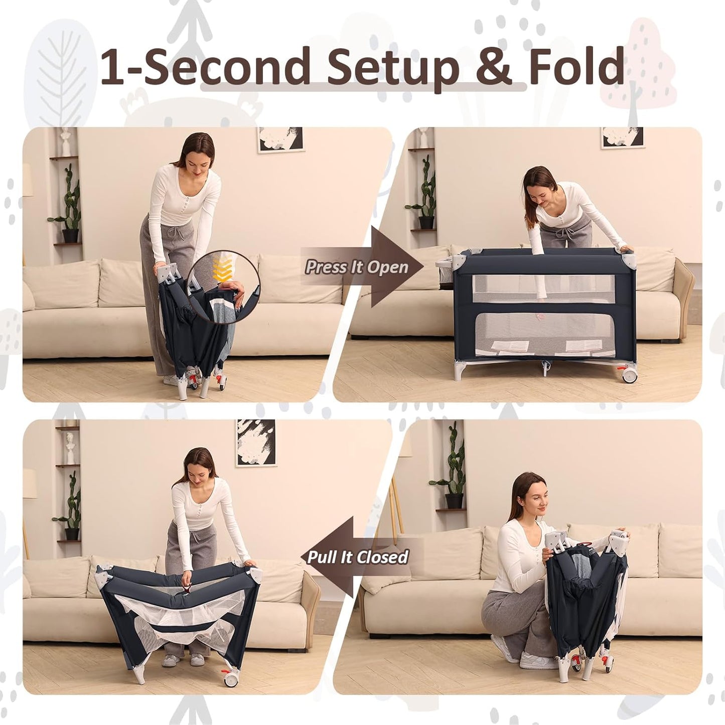 5-in-1 Baby Bassinet Bedside Sleeper, Foldable Pack and Play,One-Push Bedside Crib with Playard, Includes Mattress, Changing Table, Mosquito Net, Music Toy & Storage for Newborn to Toddler (Dark Grey)