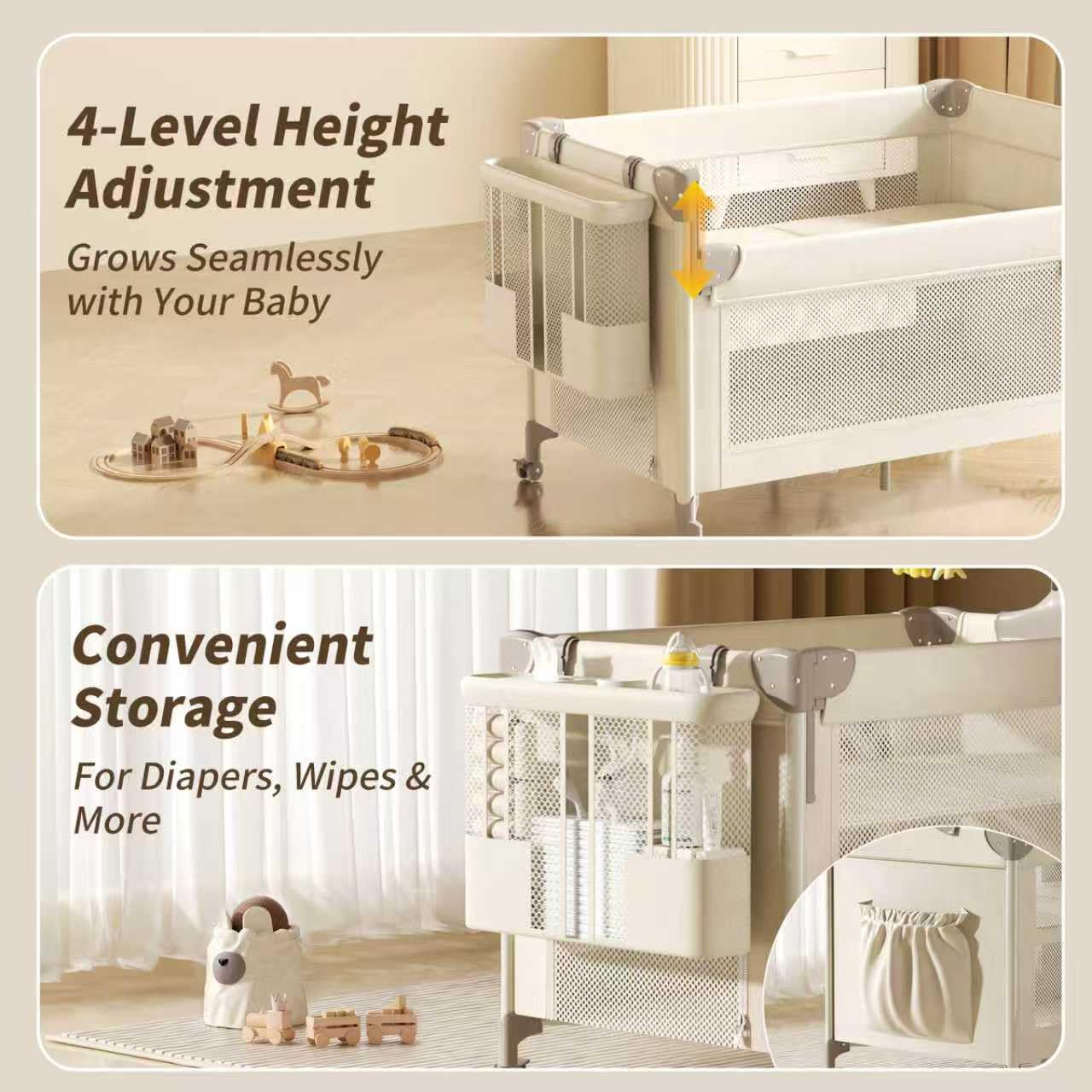 4-in-1 Baby Playard, Pack and Play: 4-Level Height-Adjustable Bedside Bassinet, One-Touch Foldable Travel Crib with Changing Table, Music Mobile & 4 Locking Wheels for Newborn to Toddler