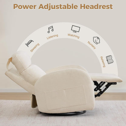Dual Motors Power Recliner with Adjustable Headrest, Electric Swivel Rocker Recliner for Nursery, Glider Reclining Rocking Nursery Chairs for Small Space, Living Room, Bedroom, Chenille Cream White