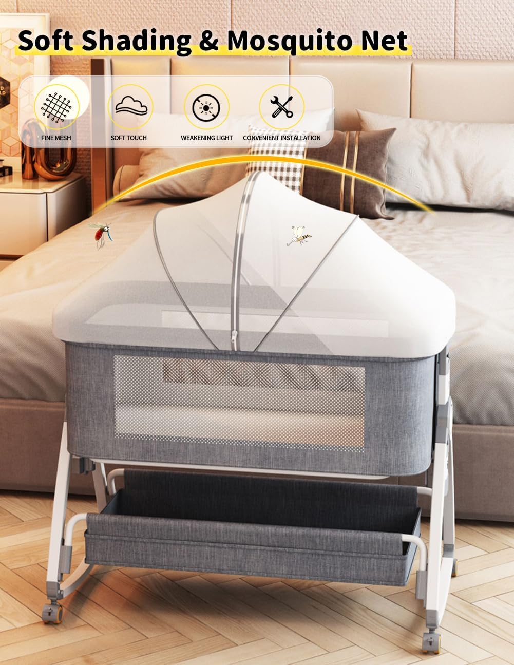 Baby Bassinet, Bedside Bassinet for Baby, 4 in 1 Portable Bassinet Bedside Sleeper with Wheels Mosquito Net & Storage Basket, 6 Height Adjustable Rocking Bassinet for Newborn Baby