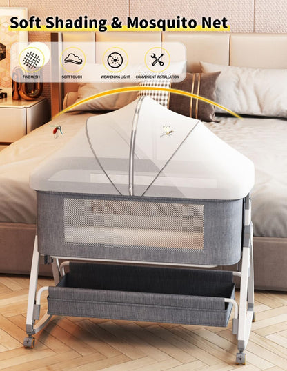 Baby Bassinet, Bedside Bassinet for Baby, 4 in 1 Portable Bassinet Bedside Sleeper with Wheels Mosquito Net & Storage Basket, 6 Height Adjustable Rocking Bassinet for Newborn Baby