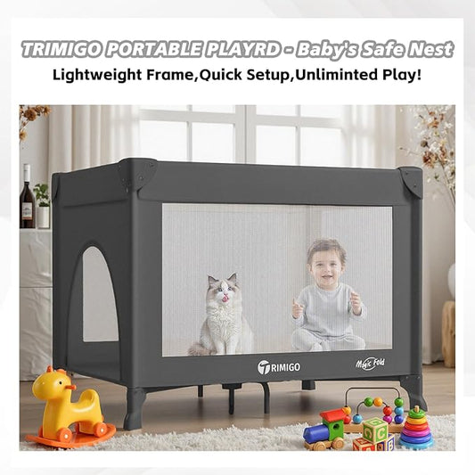 Portable Travel Crib & Playpen - Baby Safe Folding Travel Bed w/Mattress, Breathable Mesh | Compact Lightweight Baby Bed | Pack and Play for Babies & Toddlers (Black)