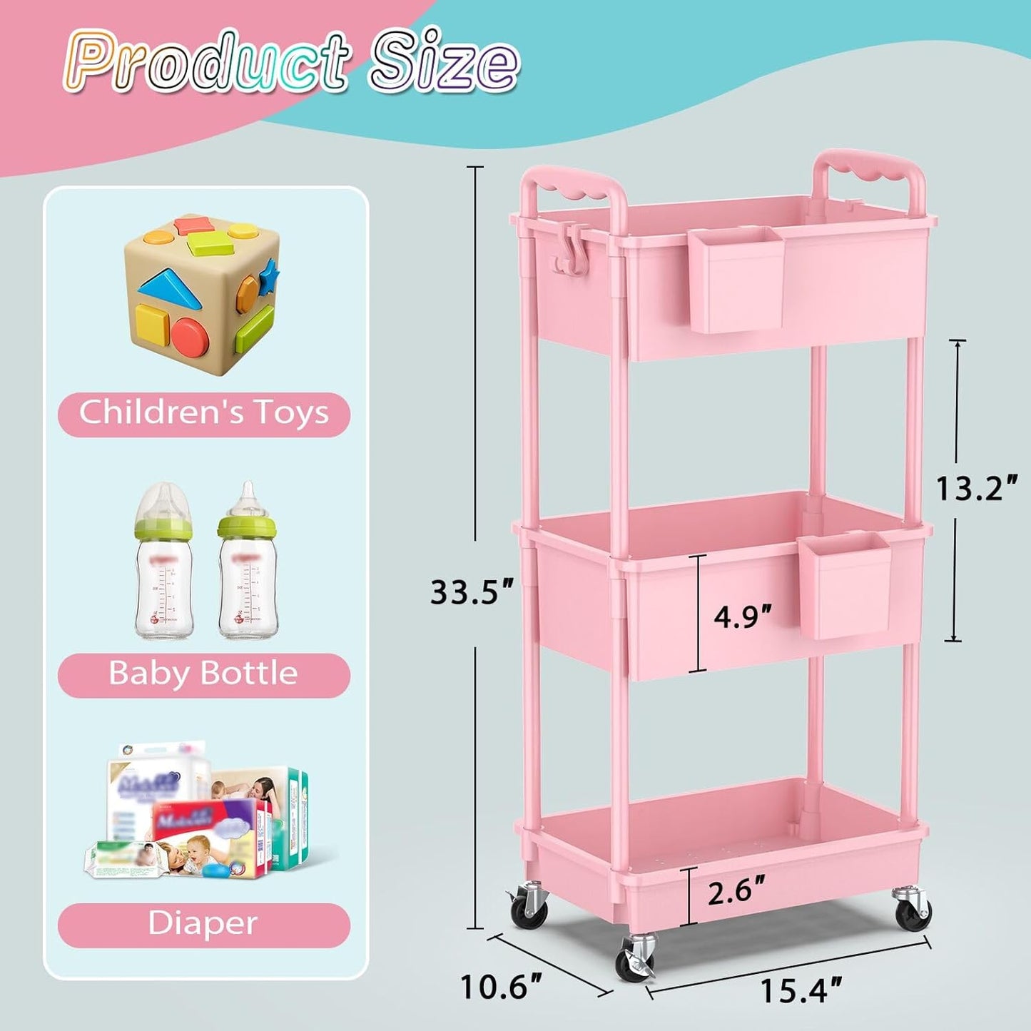 SUNALLY Baby Diaper Caddy Cart, 3 Tier Rolling Diaper Cart with Lockable Wheels for Nursery Essentials, Large Capacity & Easy Assemble Diaper Storage Organizer for Newborn,New Mom, White