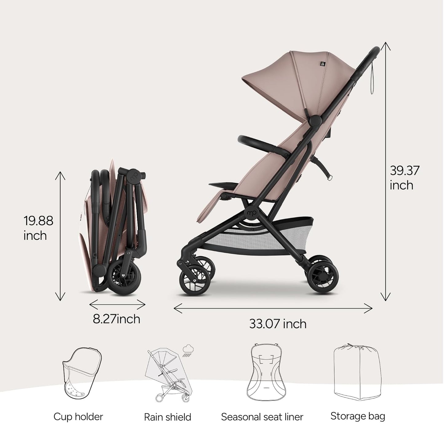 Mompush Velo Lightweight Travel Stroller, Compact & Airplane-Friendly for Baby and Toddler, Lie-Flat Seat, One-Hand Fold, with Leather Bumper Bar, Shoulder Strap, Raincover, Storage Bag & Cup Holder