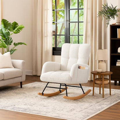 COMHOMA Nursery Rocking Chair with Ottoman,Teddy Glider Rocking Chair,Accent Chair with High Backrest Reading Chair for Adult,Nursery,Bedroom,Living Room,Offices(Beige with Ottoman)