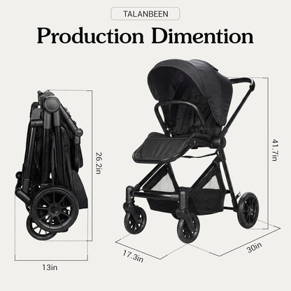Lightweight High-View Baby Stroller, One-Hand Fold & Compact Storage, Convertible Seat, 5-Point Safety Harness, Foldable Infant Stroller, Grey