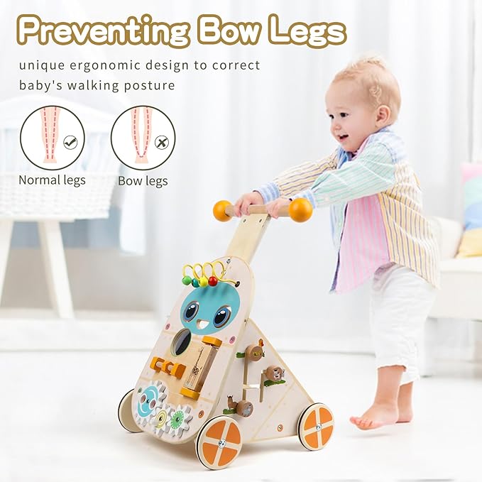 Wooden Baby Walker, Adjustable Speed Push and Pull Learning Activity Walker, Toddler Push Walker Activity Center Toys with 7 Educational Activities for Boys Girls 1 2 3 Year Old