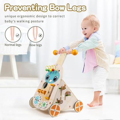 Wooden Baby Walker, Adjustable Speed Push and Pull Learning Activity Walker, Toddler Push Walker Activity Center Toys with 7 Educational Activities for Boys Girls 1 2 3 Year Old