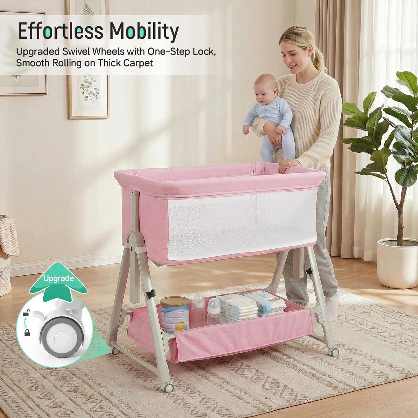 Cowiewie Bassinet Bedside Sleeper,3-in-1 Baby Bassinet with Mattress & Wheels,Easy Folding Portable Bedside Bassinet for Baby with Storage & Travel Bag,Breathable Mesh,Stable & Secure,Beige
