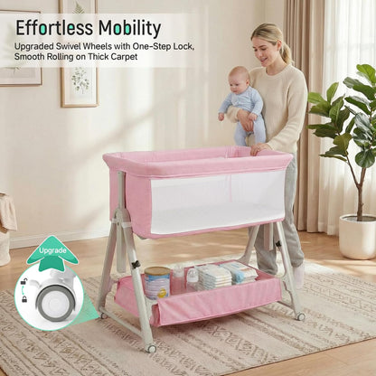 Cowiewie Bassinet Bedside Sleeper,3-in-1 Baby Bassinet with Mattress & Wheels,Easy Folding Portable Bedside Bassinet for Baby with Storage & Travel Bag,Breathable Mesh,Stable & Secure,Beige