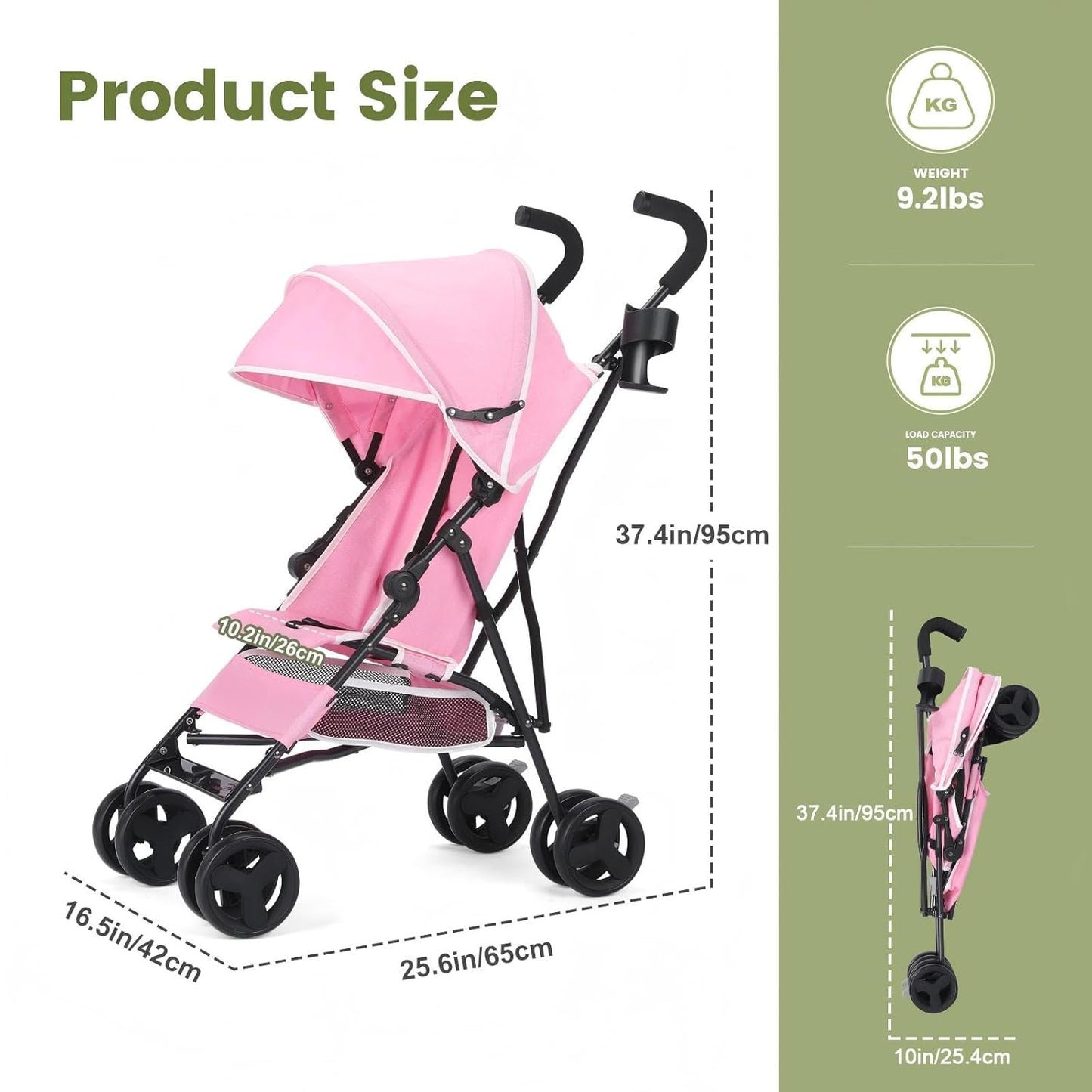 One-Handed Folding Lightweight Stroller, Large Storage Basket, Canopy, Cup Holder, Compact Umbrella Stroller Durable Frame, 3-36M Travel Stroller for Airplane Ultra Overhead Friendly (Pink)
