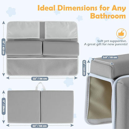 Baby Bath Kneeler and Elbow Rest Pad Set, 1.5 Inch Thick Memory Foam Soft Bath Kneeler with Bath Toys Organizer, Non-Slip, Quick-Dry, Foldable Kneeling Mat, Ideal Gift for Parents, Gray