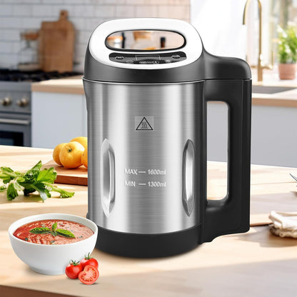 Homtone 1.6L Soup Maker Machine, Stainless Steel Soup Maker Blender with Smooth & Chunky Settings, Anti-Dry Burn, Overfill Sensors, Ideal for Quick Soups, Baby Food