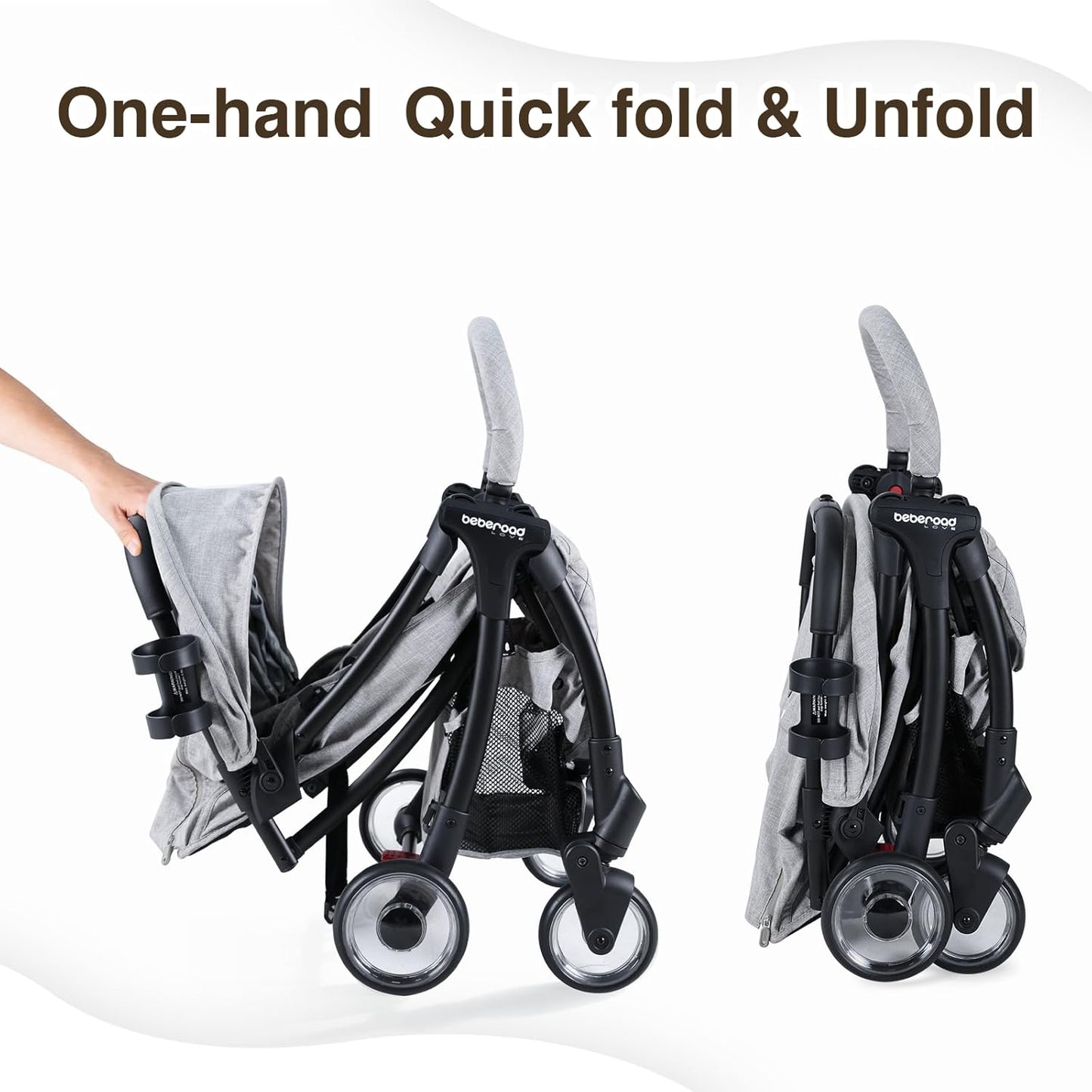 Beberoad Lightweight Baby Stroller for Airplane R2 Small Travel Stroller Compact Strollers Foldable, Infant Toddler Stroller with Adjustable Backrest, Cup Holder and Waterproof Canopy, Black