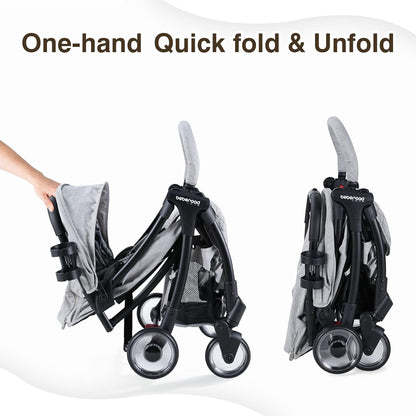 Beberoad Lightweight Baby Stroller for Airplane R2 Small Travel Stroller Compact Strollers Foldable, Infant Toddler Stroller with Adjustable Backrest, Cup Holder and Waterproof Canopy, Black