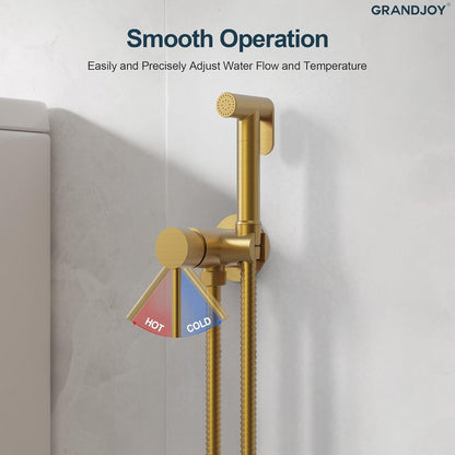 Brushed Gold Hot & Cold Handheld Bidet Sprayer for Toilet, Adjustable Water Pressure Control, 47-Inch Stainless Steel Hose Wall Mount Bidet Faucet for Feminine Wash & Cloth Diaper