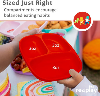 Re-Play Toddler Plates with Dividers - Deep-Walled 3 Compartments Divided Plates for Kids - Dishwasher & Microwave Safe - Made in USA - Set of 3-7.37" x 7.37" x 1.25" - Beach Baby