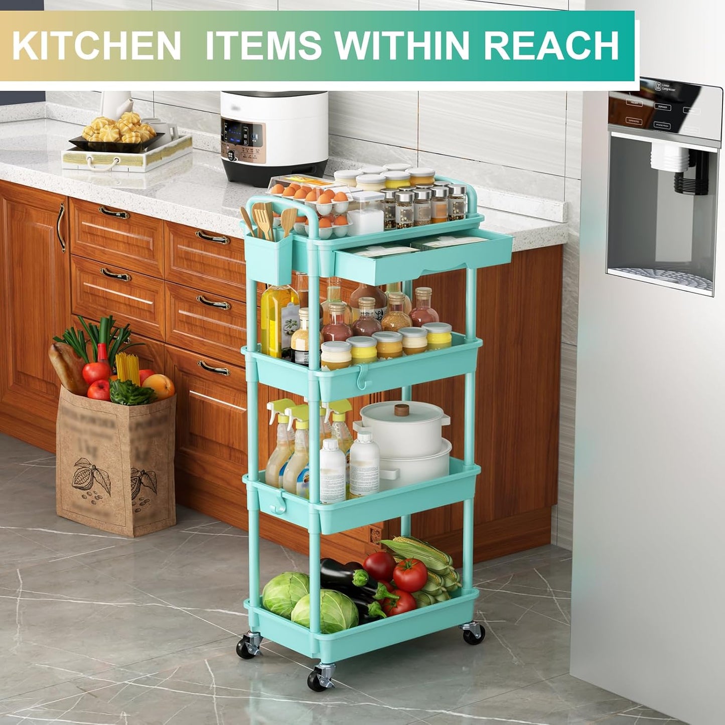 Goovilla 3 Tier Rolling Utility Cart Organizer with Removable Drawer, Stable and Sturdy White Rolling Storage Carts with 2 Lockable Wheels for Bathroom, Kitchen, Snack, Craft, Makeup, Baby Essentials