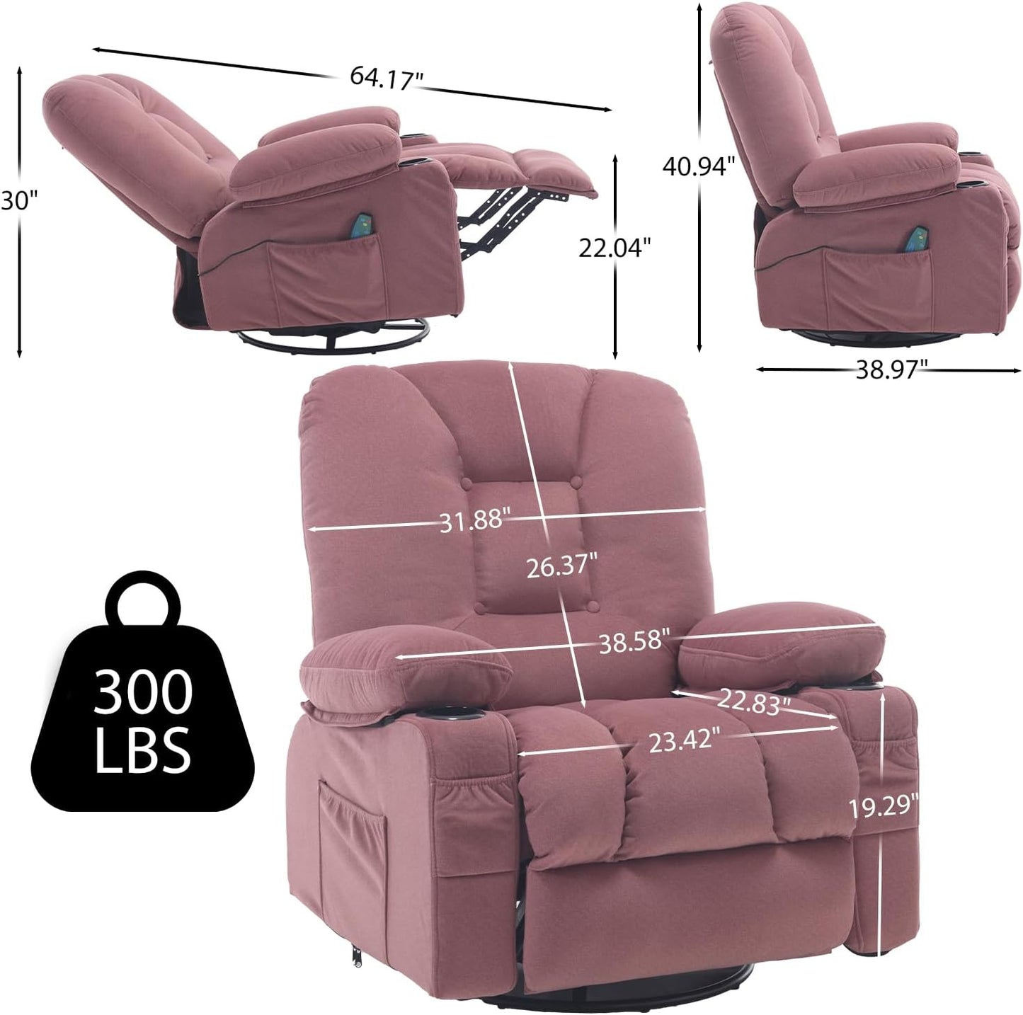 Rocker Recliner Chair with Massage and Heat, Oversized Rocking Nursery Recliners Overstuffed Swivel Glider with Cup Holder, Fabric Manual Single Sofa for Living Room, Beige