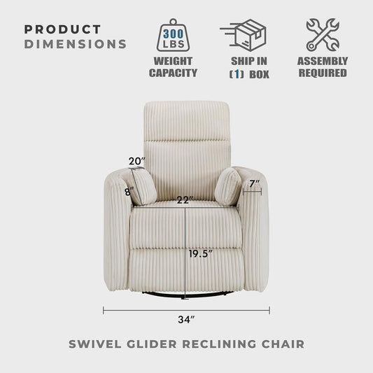 Lexicon Modern Swivel Glider Recliner Chair, Nursery Glider, Corduroy Fabric Upholstery Recliner with 2 Lumbar Pillows, Manual Reclining Sofa Chair for Living Room/Office/Apartment, Beige