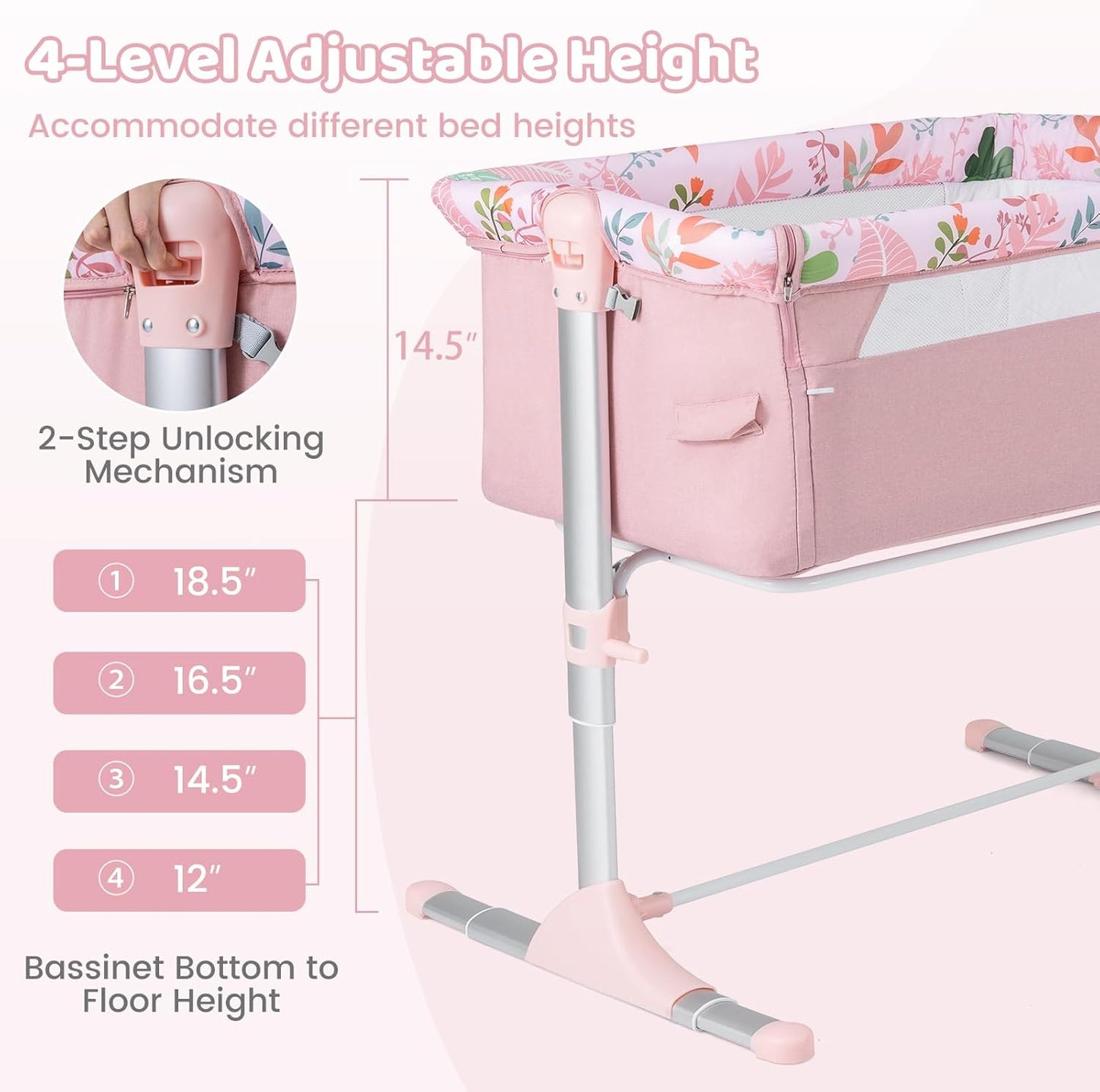 BABY JOY Baby Bedside Crib, Portable Travel Sleeper Bed Side Bassinet w/Carrying Bag, Newborn Bassinet to Infant, Kids Crib with Detachable Mattress, Height Adjustable Design, Breathable Mesh, Grey