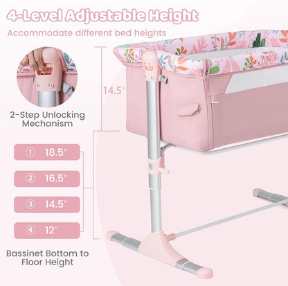 BABY JOY Baby Bedside Crib, Portable Travel Sleeper Bed Side Bassinet w/Carrying Bag, Newborn Bassinet to Infant, Kids Crib with Detachable Mattress, Height Adjustable Design, Breathable Mesh, Grey