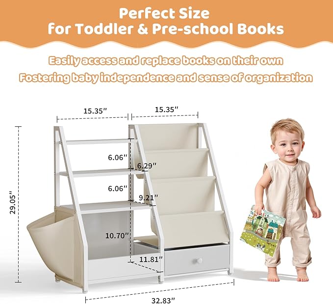 HAVLOTII Kids Bookshelf and Toy Storage - Book Shelf for Kids Rooms, Toddler Bookshelf Baby Bookcase for Nursery, Montessori Toy Organizer, White