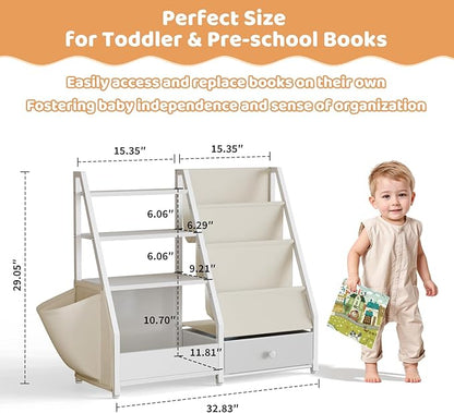 HAVLOTII Kids Bookshelf and Toy Storage - Book Shelf for Kids Rooms, Toddler Bookshelf Baby Bookcase for Nursery, Montessori Toy Organizer, White