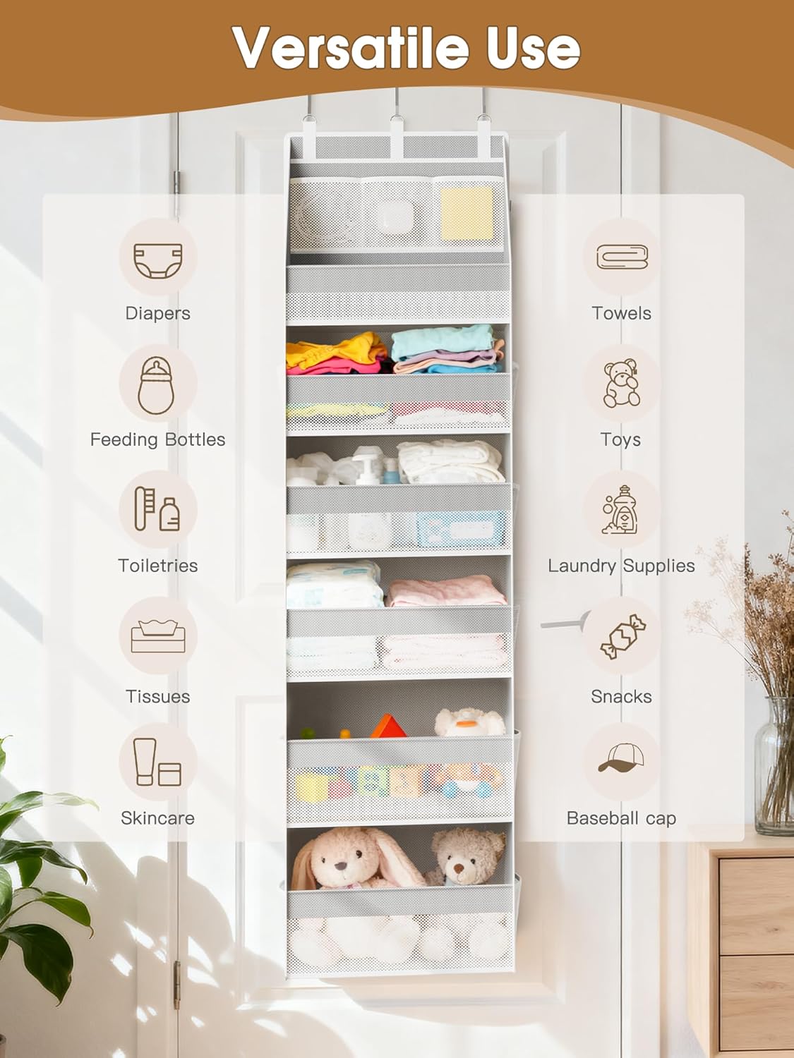 Criusia Over the Door Organizer, 6-Shelf Closet Hanging Storage with 13 Mesh Pockets, 55lbs Capacity Behind the Door Storage for Baby Nursery, Bathroom, Bedroom, and Dorm, Beige