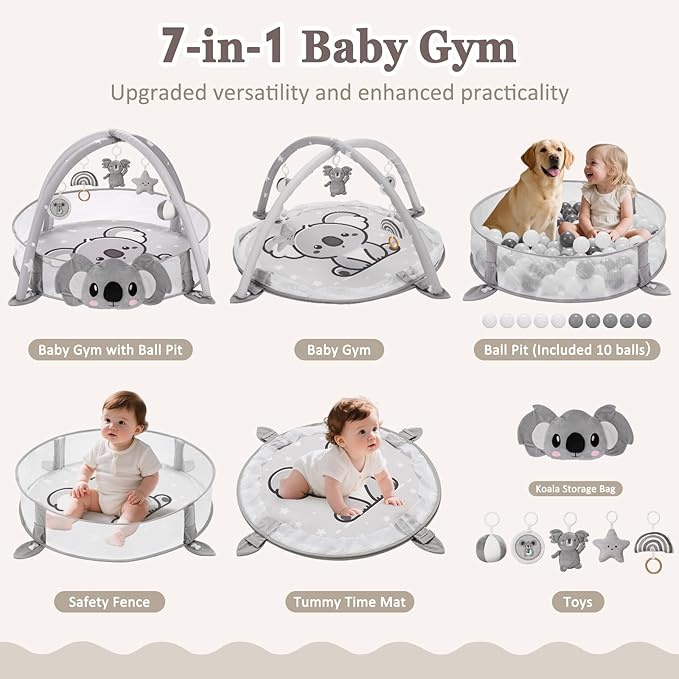 7-in-1 XL Large Baby Play Gym Mat, Tummy Time Mat, Baby Gym & Ball Pit, Baby Activity Mat with Milestone Cards & 6 Detachable Toys for Sensory Motor Skill, Grey Koala