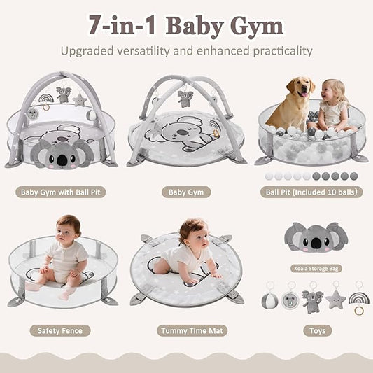 7-in-1 XL Large Baby Play Gym Mat, Tummy Time Mat, Baby Gym & Ball Pit, Baby Activity Mat with Milestone Cards & 6 Detachable Toys for Sensory Motor Skill, Grey Koala