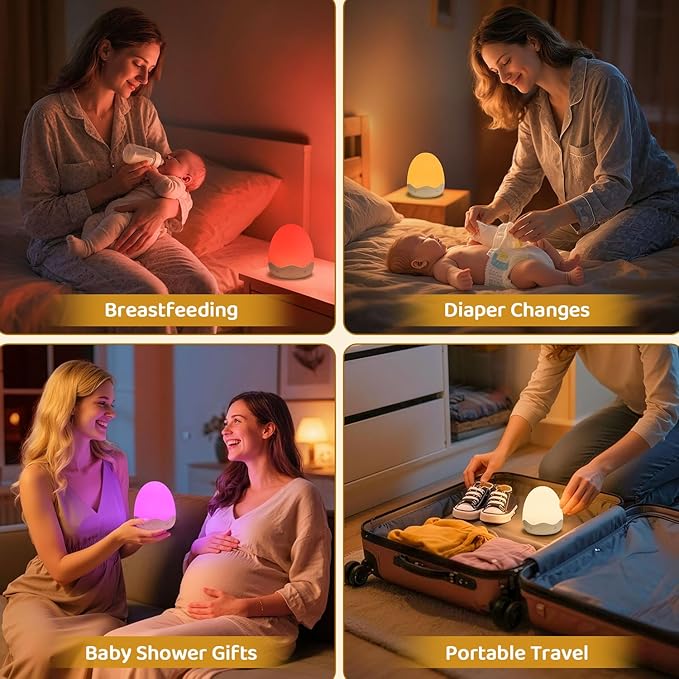 COOLNIGHT Nursery Night Light with Clock,10 Brightness+10 Colors Egg Light for Nursery,Touch+Remote+3600mAh Rechargeable Egg Night Light for Baby Nursery,Warm Light for Breastfeeding 1h Timer&Portable