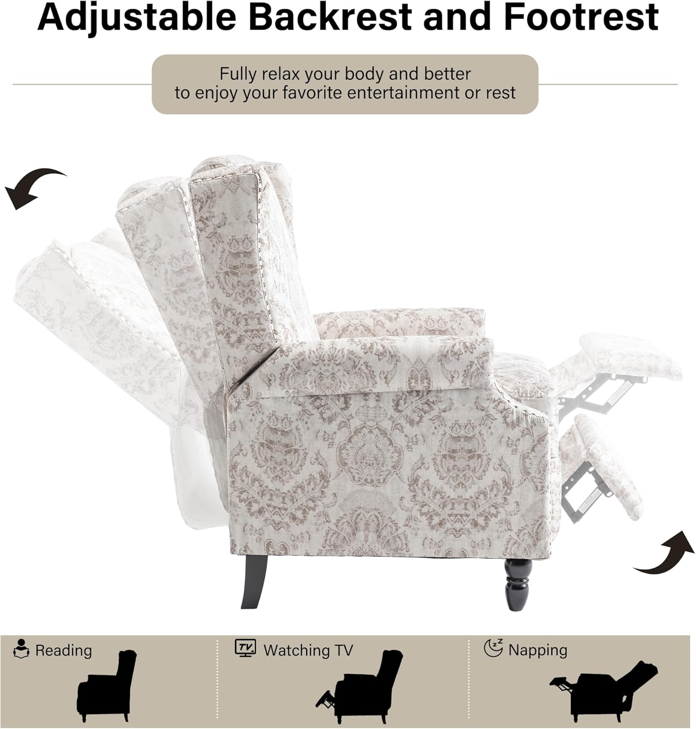 Swivel Rocker Recliner Chair, Manual Nursery Glider Recliner, Floral Fabric Wingback Accent Chair with Adjustable Backrest & Footrest for Small Spaces Living Room Bedroom (Plants Floral, Set of 1)