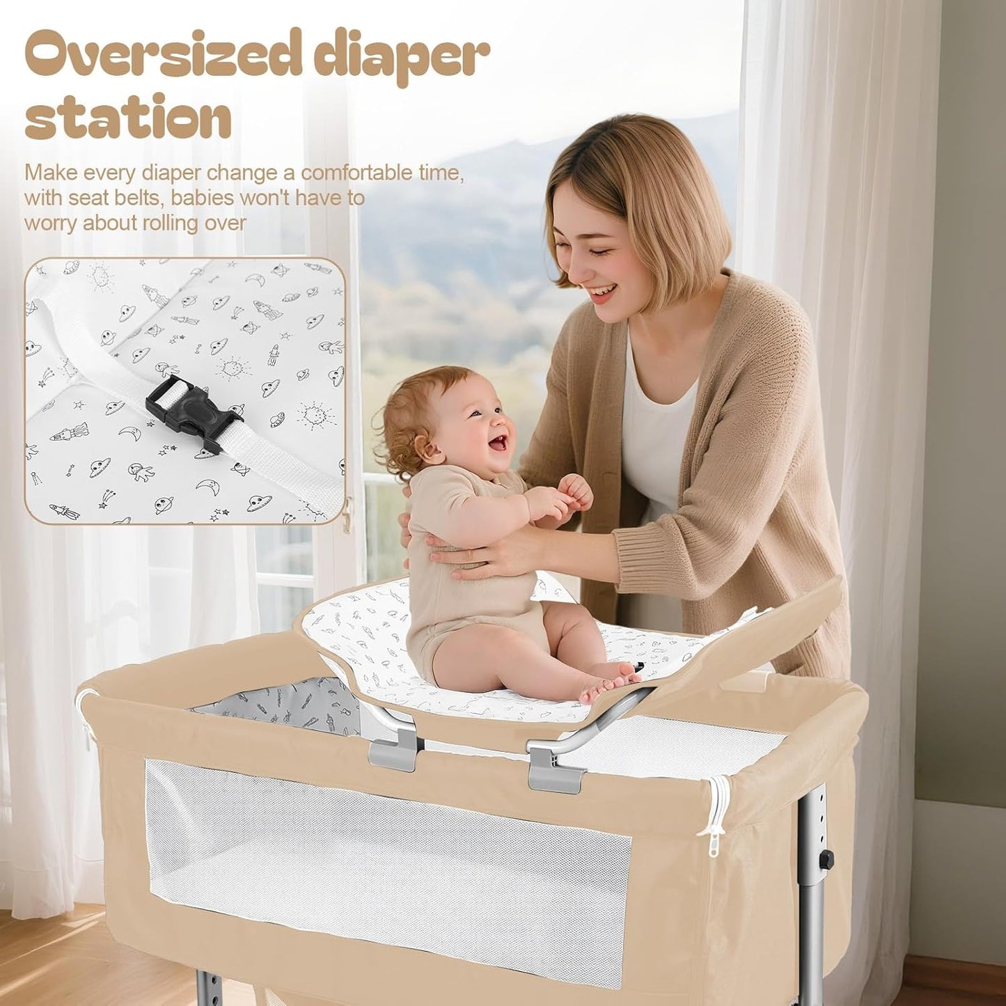 Baby Bedside Sleeper Bassinet with Changing Table, 39.4x23.6in, Portable, 6-Height Adjustable, 4-in-1 Iron Frame, Silent Wheels & Brakes, Breathable Mesh, Grey, for 0-24 Months