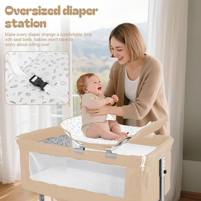 Baby Bedside Sleeper Bassinet with Changing Table, 39.4x23.6in, Portable, 6-Height Adjustable, 4-in-1 Iron Frame, Silent Wheels & Brakes, Breathable Mesh, Grey, for 0-24 Months