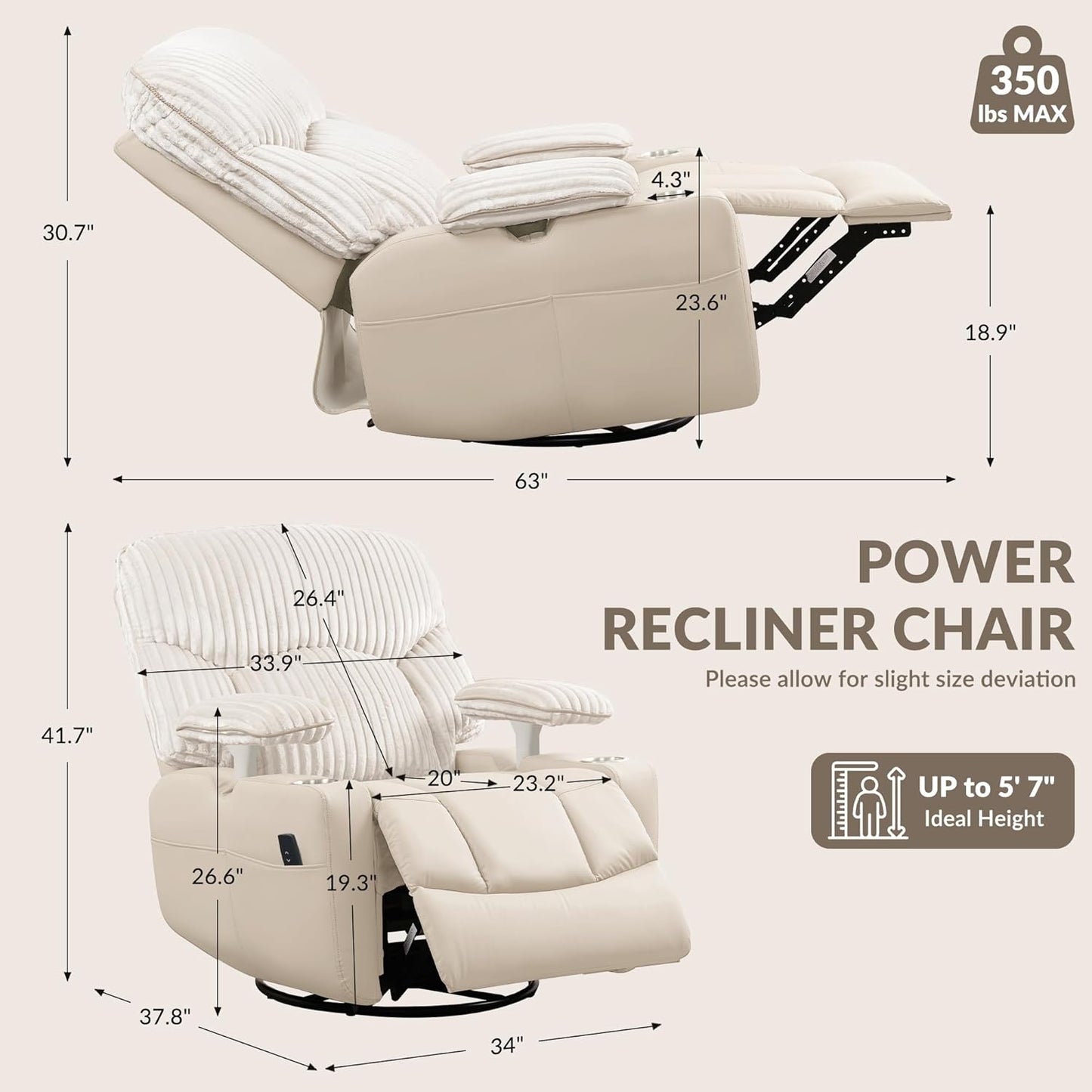 GRAINELL Oversize Power Swivel Recliner, 40in Wide Electric Glider Rocking Chair with Headrest Adjustment, USB Port, 270° Swivel, Rock 30° – for Living Room, Nursery, Black (5" 7' to 6" 1' Height)