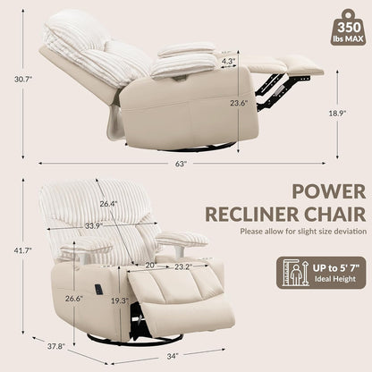 GRAINELL Oversize Power Swivel Recliner, 40in Wide Electric Glider Rocking Chair with Headrest Adjustment, USB Port, 270° Swivel, Rock 30° – for Living Room, Nursery, Black (5" 7' to 6" 1' Height)