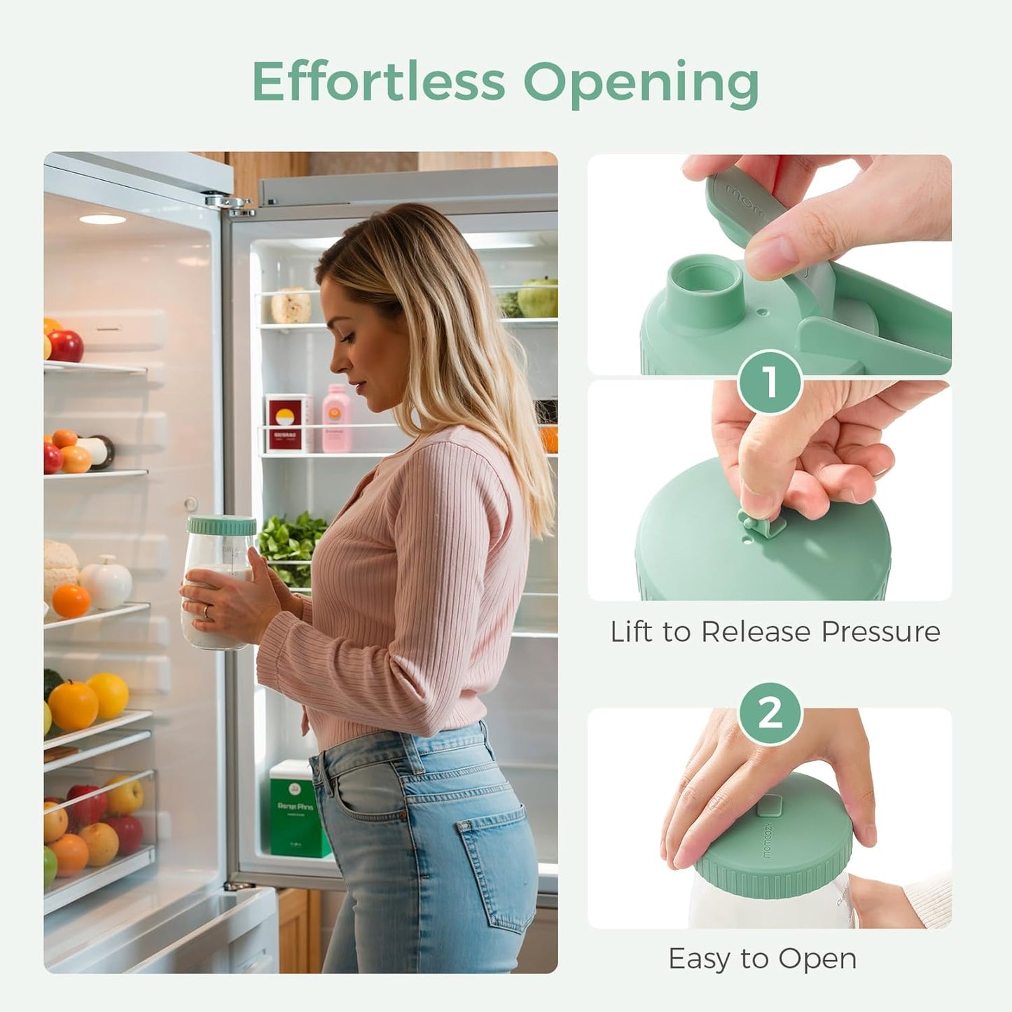 Momcozy Breast Milk Pitcher, Resistant to Heat and Cold Abrupt Temp Swings, No Leak Glass Breast Milk Fridge Storage Container with Wide Mouth, Fast Baby Formula Maker, Green