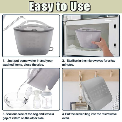 Silicone Microwave Steam Sterilizer Bags for Travel Large Reusable Feeding Bottle Sterilization Pouches Quickly Sterilizes Breast Pump Parts,Pacifiers,Teethers Lightweight and Foldable (Grey-1pcs)